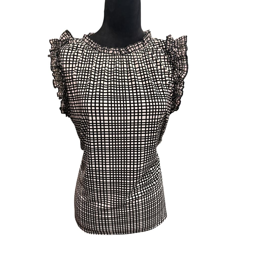 Women’s Notations Black White Grid Print Blouse Ruffled Sleeves M